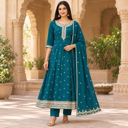 Deep turquoise dotted Anarkali suit with embroidered neckline and designer dupatta for women