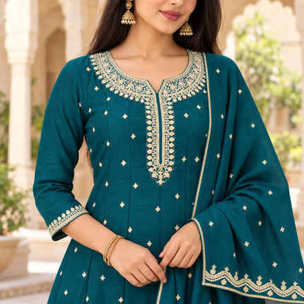 Deep turquoise dotted Anarkali suit with embroidered neckline and designer dupatta for women