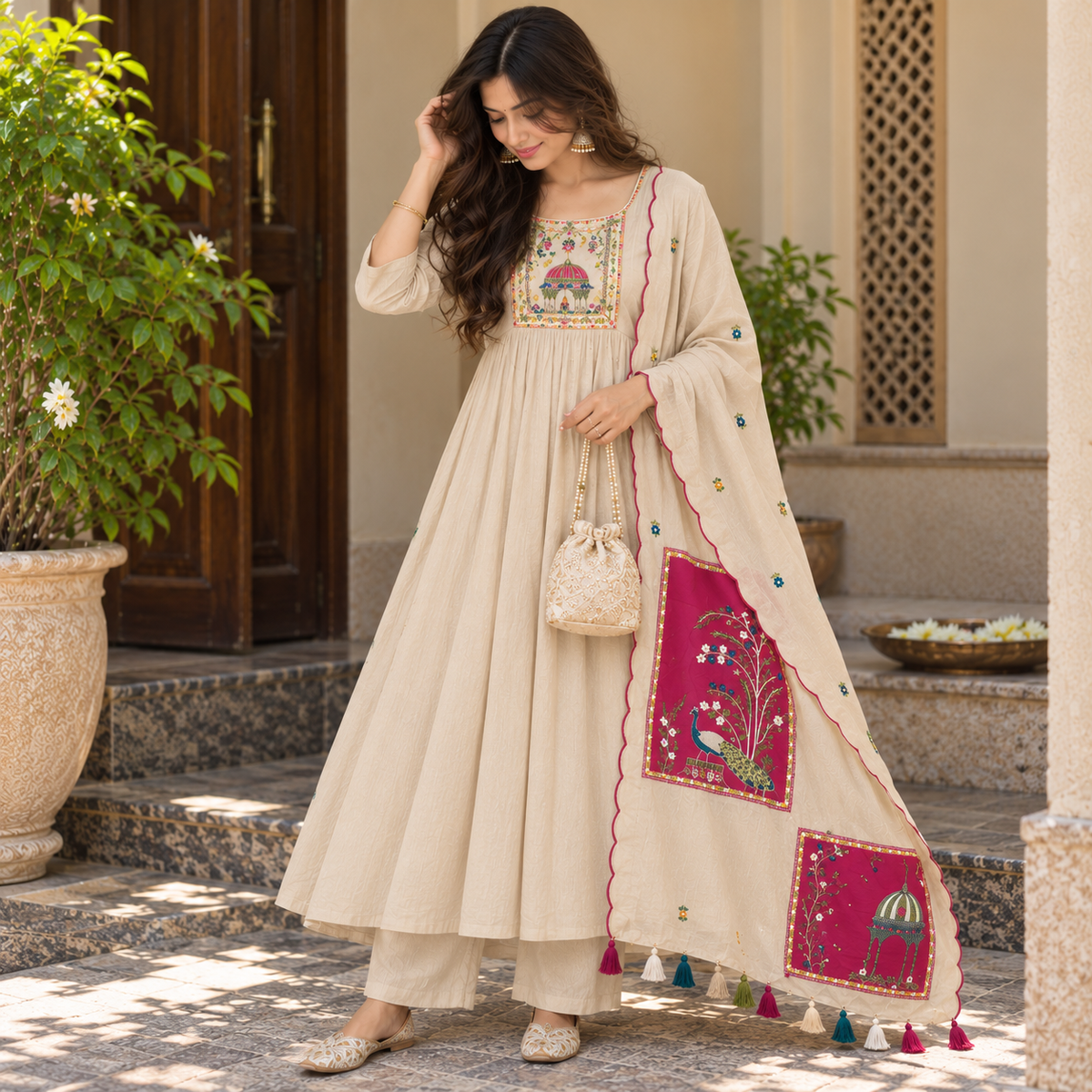 Ivory Peacock A-Line Dupatta Suit