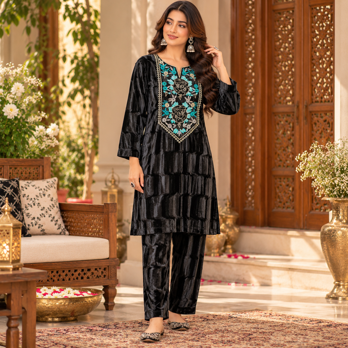 Black Velvet Floral Yoke Winter Cord Set