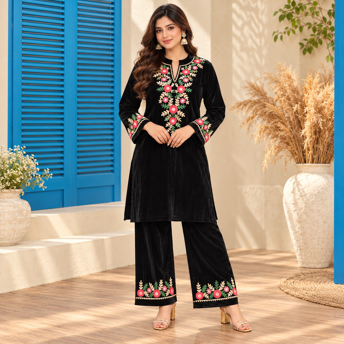 Black Front-Back Embroidered Woolen Kurta Set