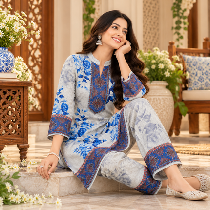 Off-White Floral Blue Bordered Woolen Kurta Set