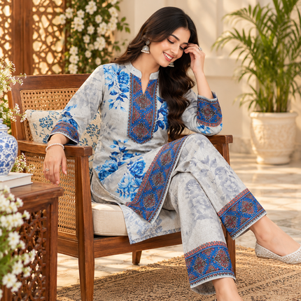 Off-White Floral Blue Bordered Woolen Kurta Set