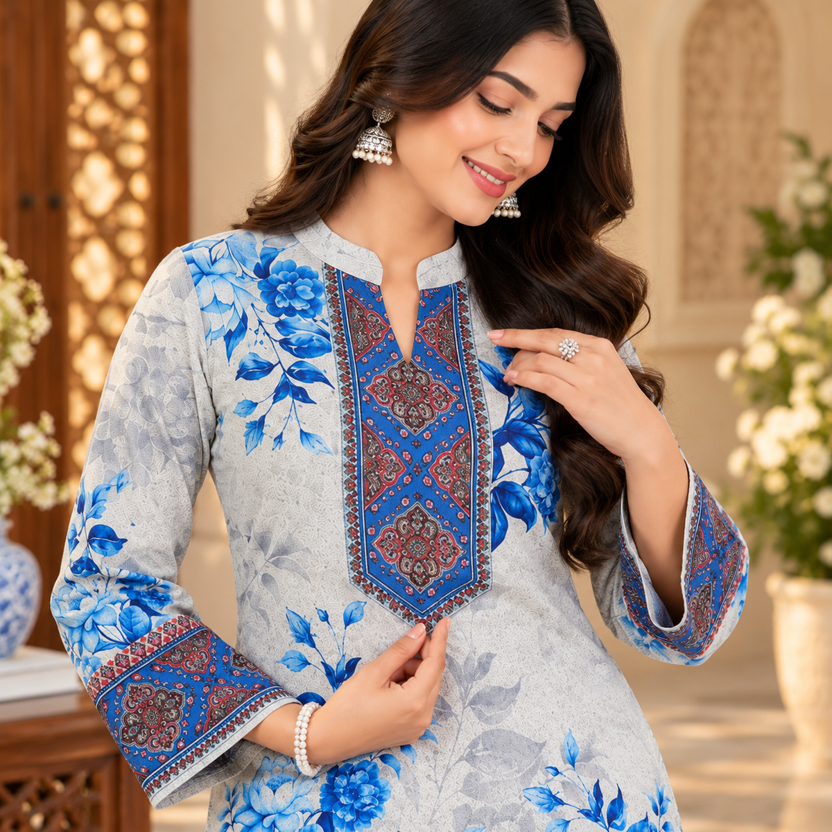 Off-White Floral Blue Bordered Woolen Kurta Set