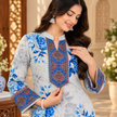 Off-White Floral Blue Bordered Woolen Kurta Set