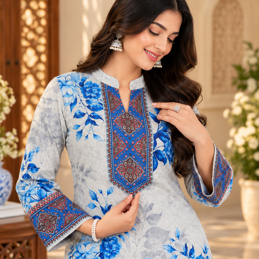 Off-White Floral Blue Bordered Woolen Kurta Set