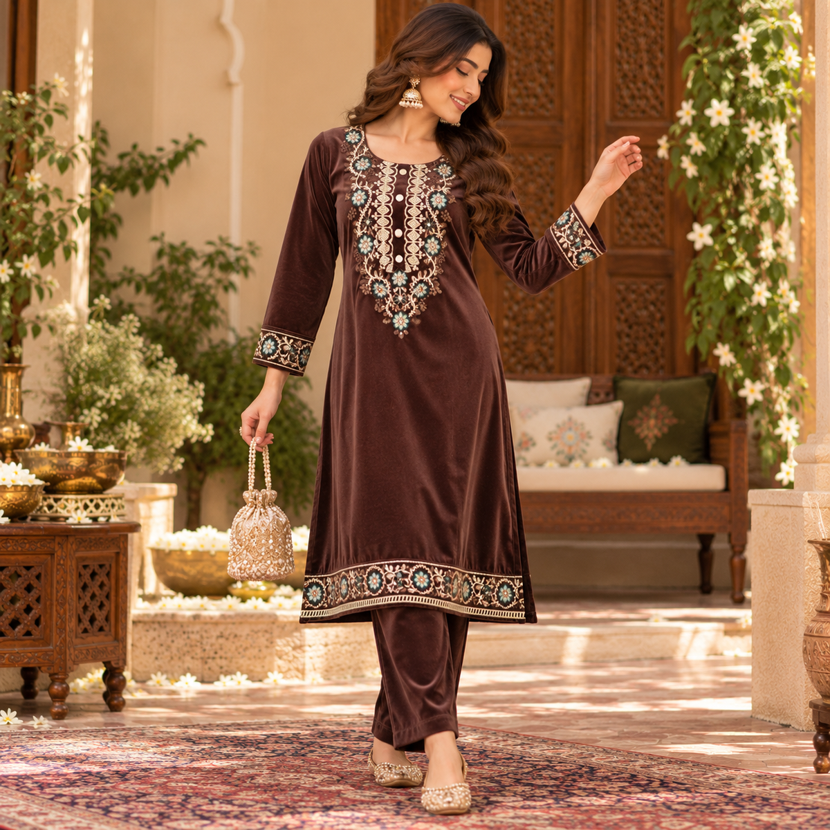 Brown Velvet  Heavy Embroidered Cord Set