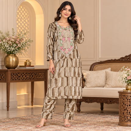 Light Brown Velvet Floral Yoke Winter Cord Set