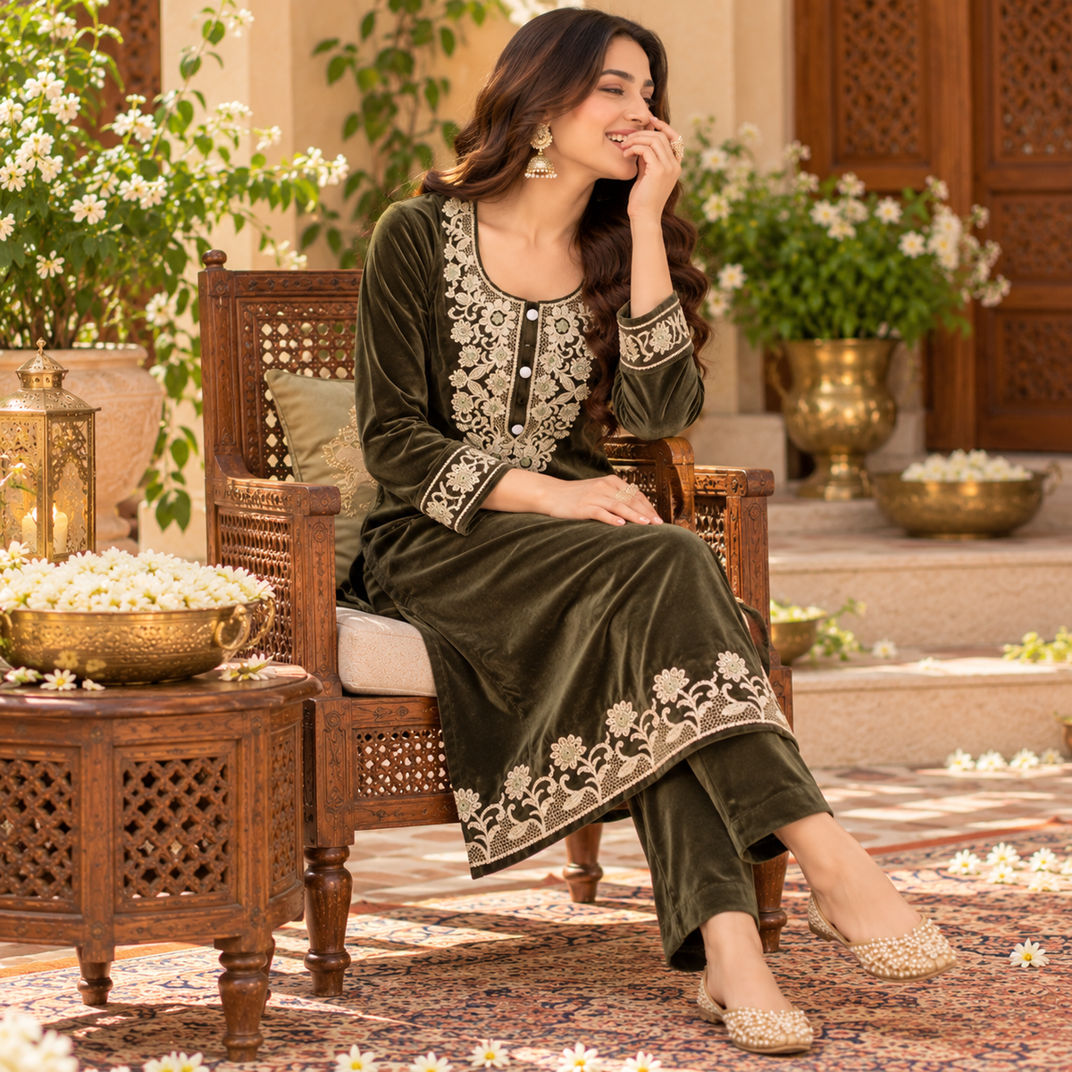 Mehandi Green Velvet Floral Embroidered Cord Set