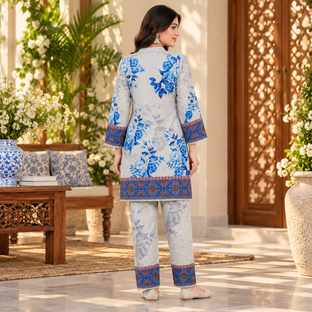 Off-White Floral Blue Bordered Woolen Kurta Set
