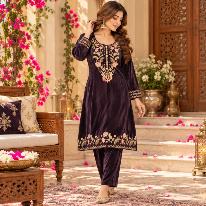 Purplish Brown Velvet Floral Embroidered Cord Set