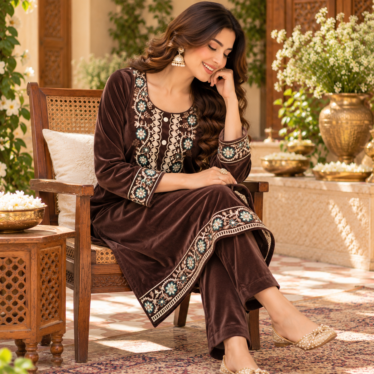 Brown Velvet  Heavy Embroidered Cord Set