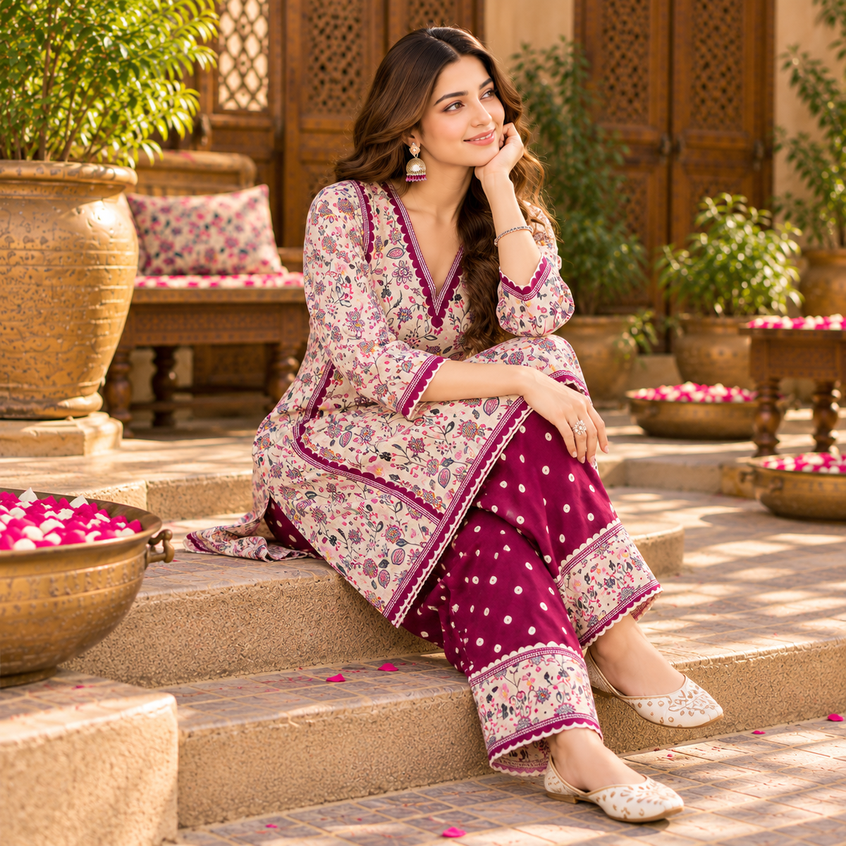 Floral Wine-Cream Woolen Farshi Salwar