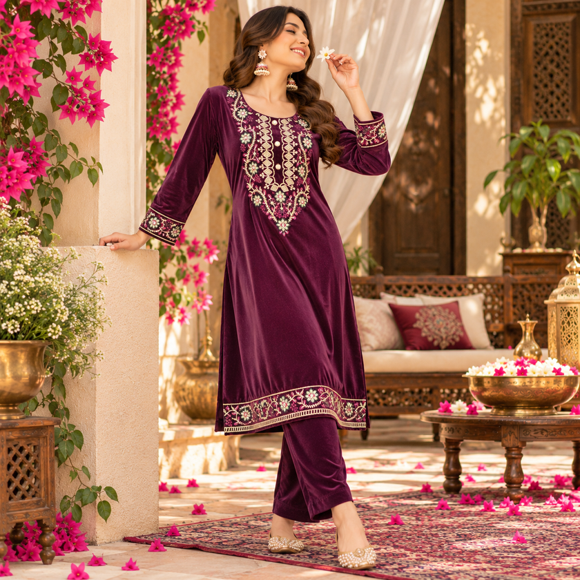 Wine Velvet Purplish Heavy Embroidered Cord Set