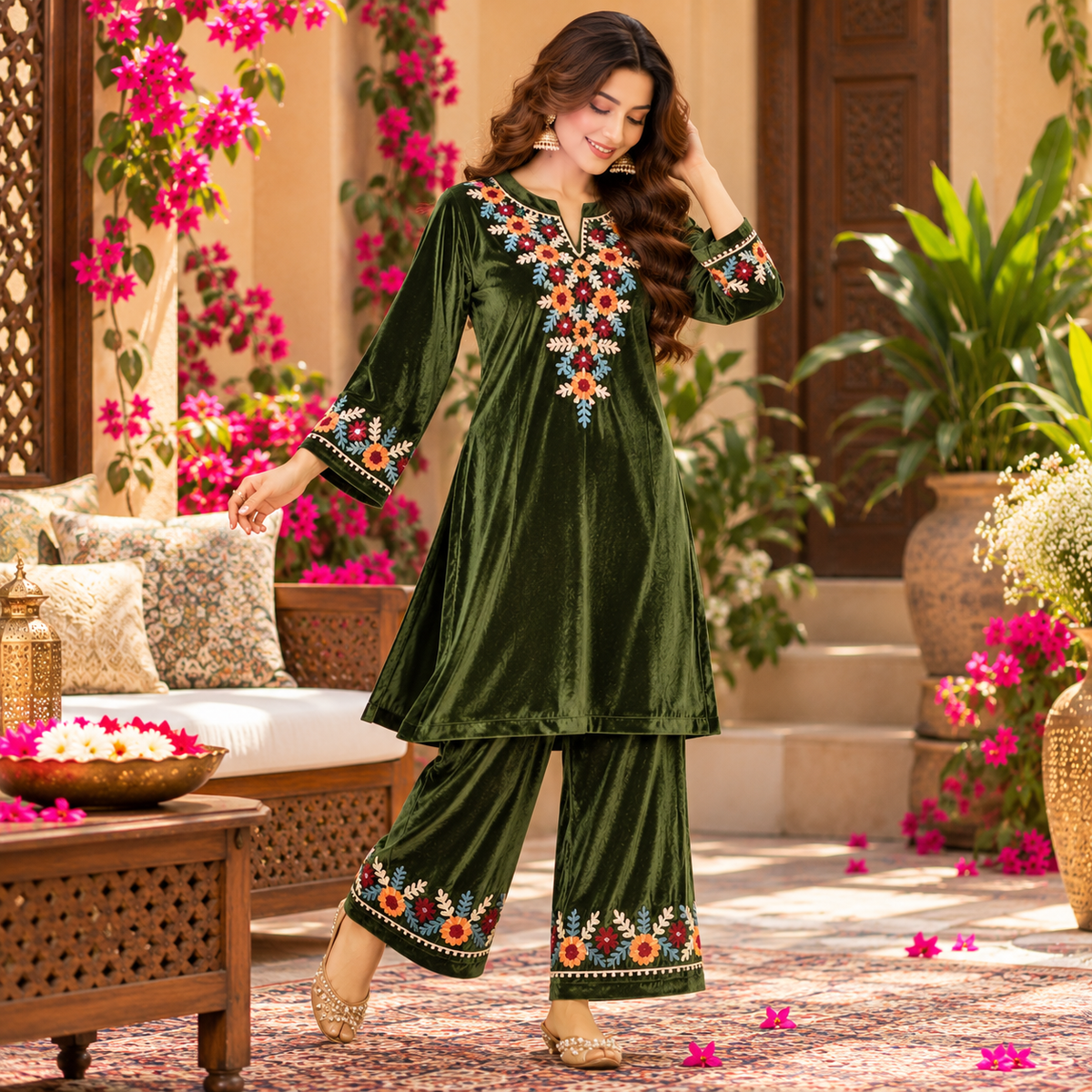 Mehandi Green Front-Back Embroidered Woolen Kurta Set
