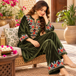 Mehandi Green Front-Back Embroidered Woolen Kurta Set