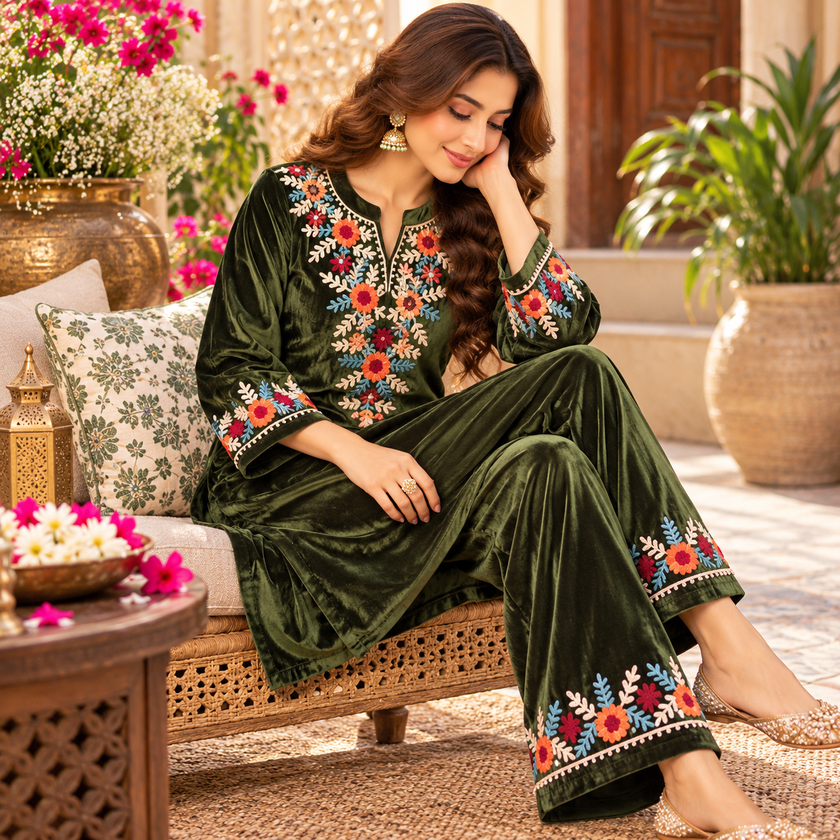 Mehandi Green Front-Back Embroidered Woolen Kurta Set