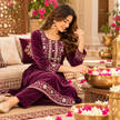 Wine Velvet Purplish Heavy Embroidered Cord Set