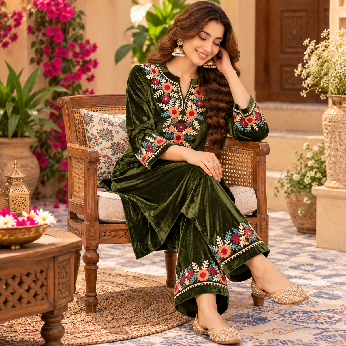 Mehandi Green Front-Back Embroidered Woolen Kurta Set