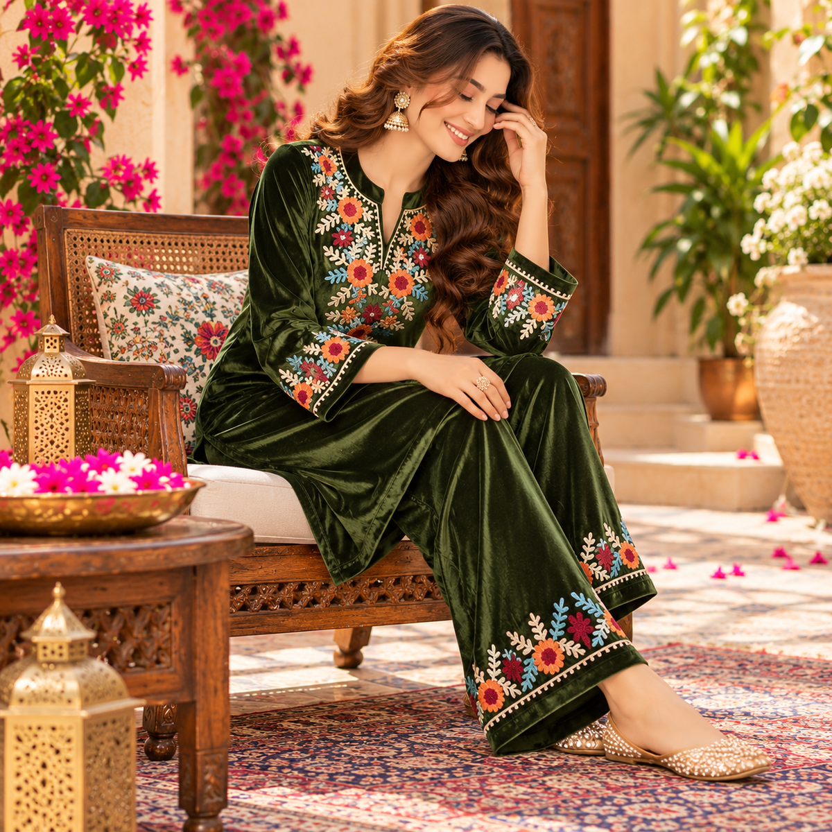 Mehandi Green Front-Back Embroidered Woolen Kurta Set