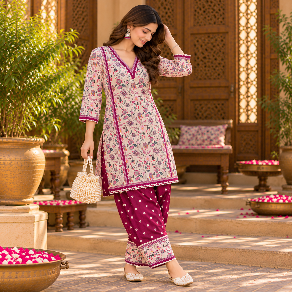 Floral Wine-Cream Woolen Farshi Salwar