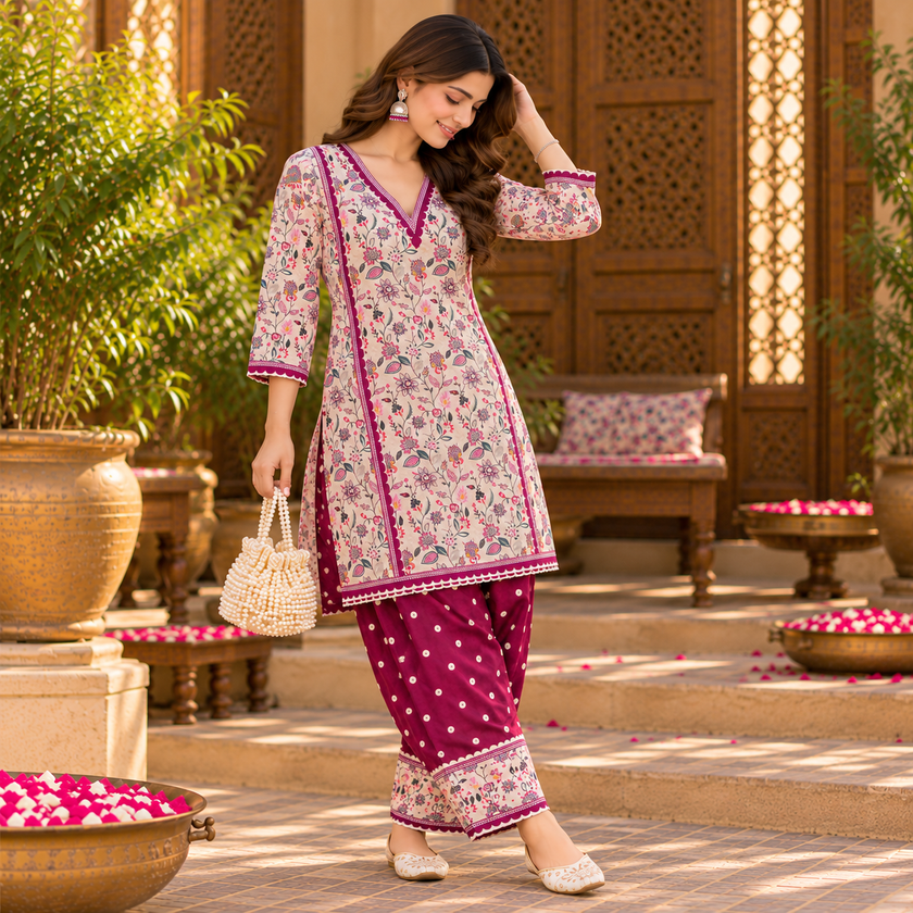 Floral Wine-Cream Woolen Farshi Salwar