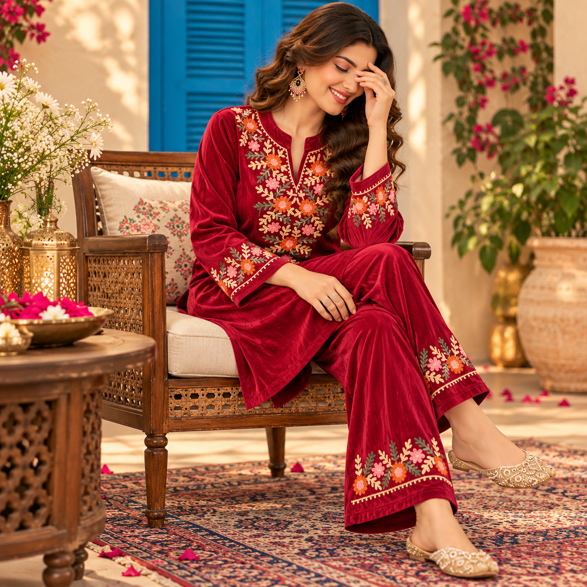 Magenta Pink Front-Back Embroidered Woolen Kurta Set