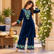 Blue Front-Back Embroidered Woolen Kurta Set
