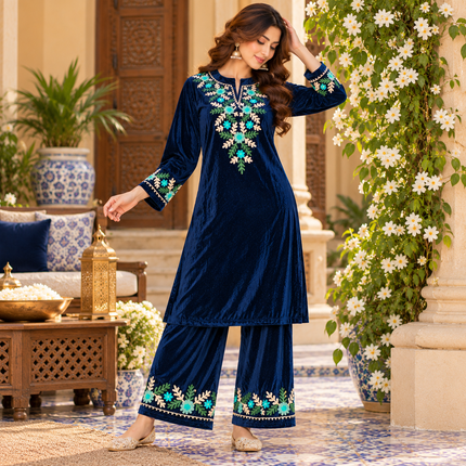 Blue Front-Back Embroidered Woolen Kurta Set