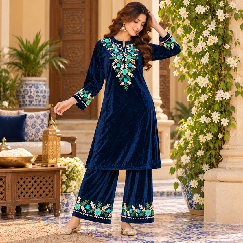Blue Front-Back Embroidered Woolen Kurta Set