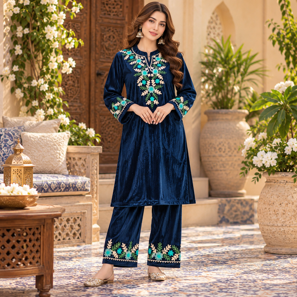 Blue Front-Back Embroidered Woolen Kurta Set