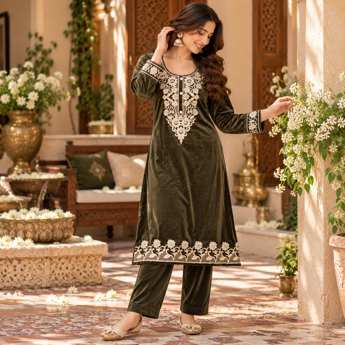 Mehandi Green Velvet Floral Embroidered Cord Set