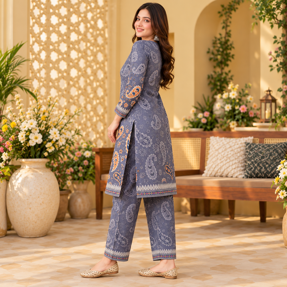 Grey Paisley Printed Woolen Kurta Set