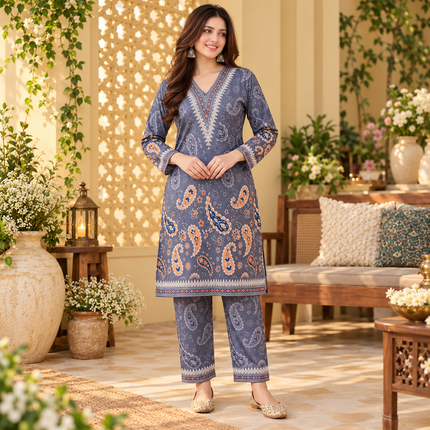 Grey Paisley Printed Woolen Kurta Set