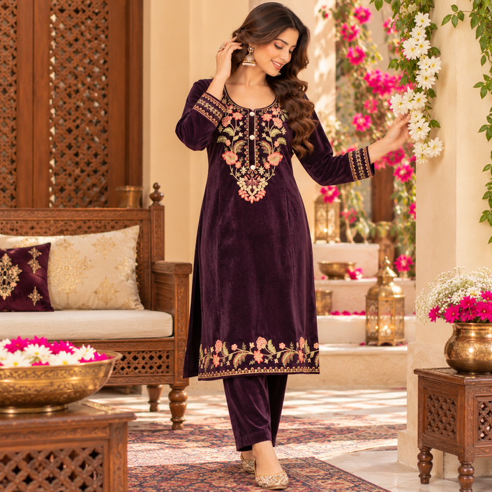 Purplish Brown Velvet Floral Embroidered Cord Set