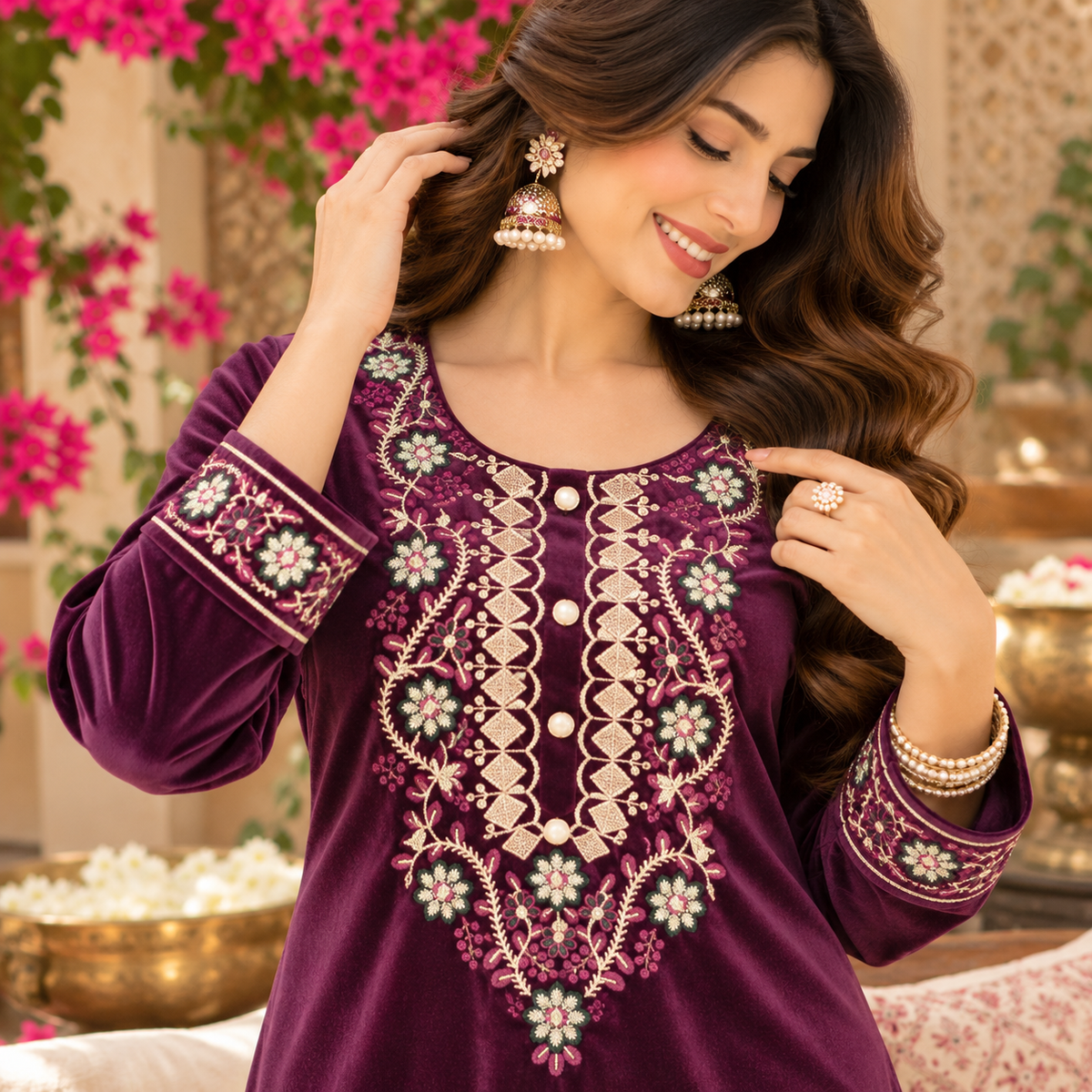 Wine Velvet Purplish Heavy Embroidered Cord Set