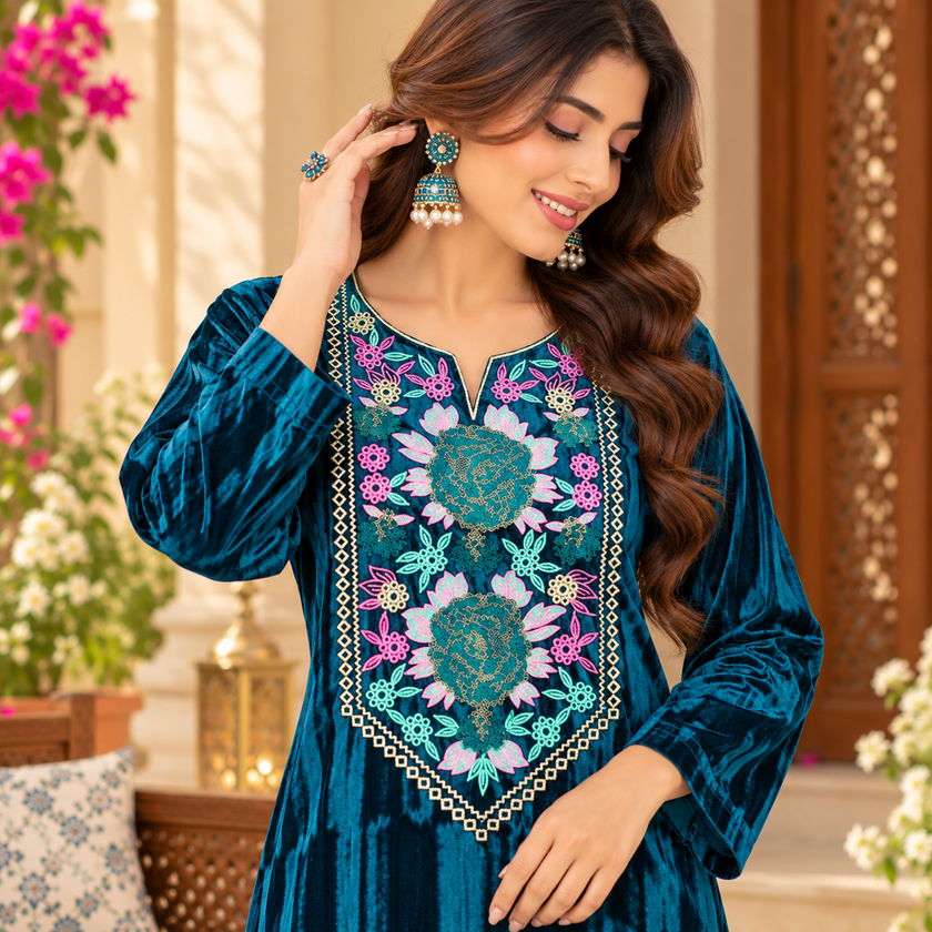 Peacock Blue Velvet Floral Yoke Winter Kurta Set