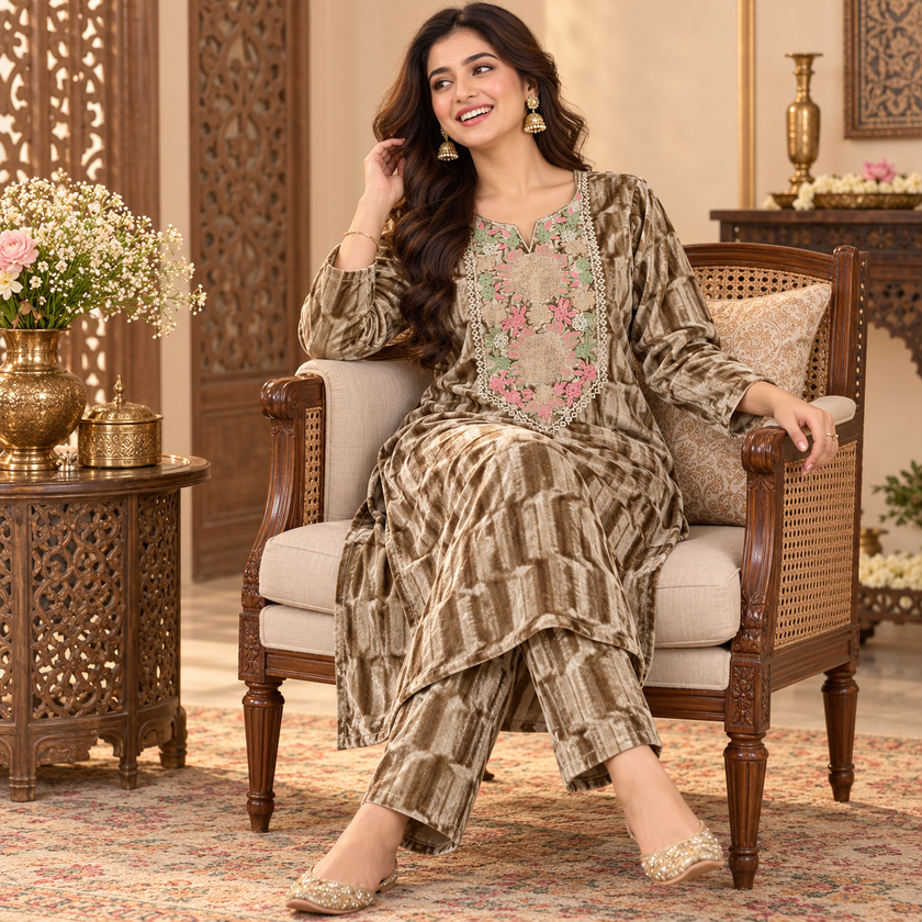 Light Brown Velvet Floral Yoke Winter Cord Set