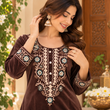 Brown Velvet  Heavy Embroidered Cord Set