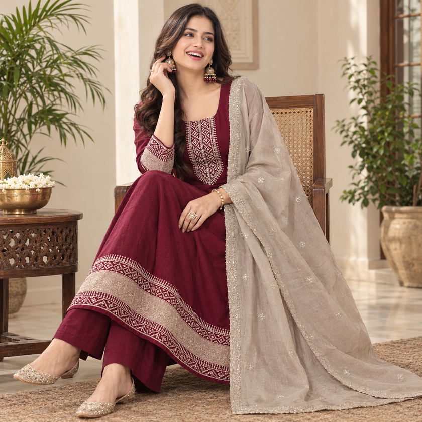 Deep Maroon Embroidered Anarkali Suit with Dupatta