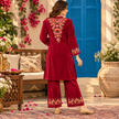 Magenta Pink Front-Back Embroidered Woolen Kurta Set