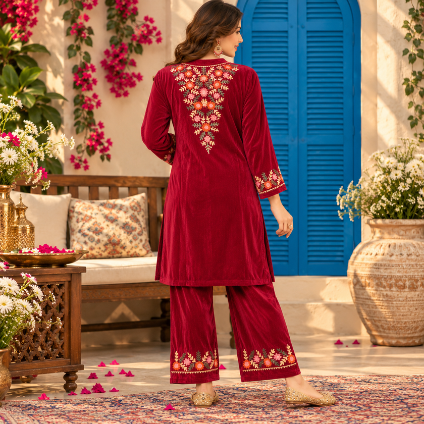 Magenta Pink Front-Back Embroidered Woolen Kurta Set