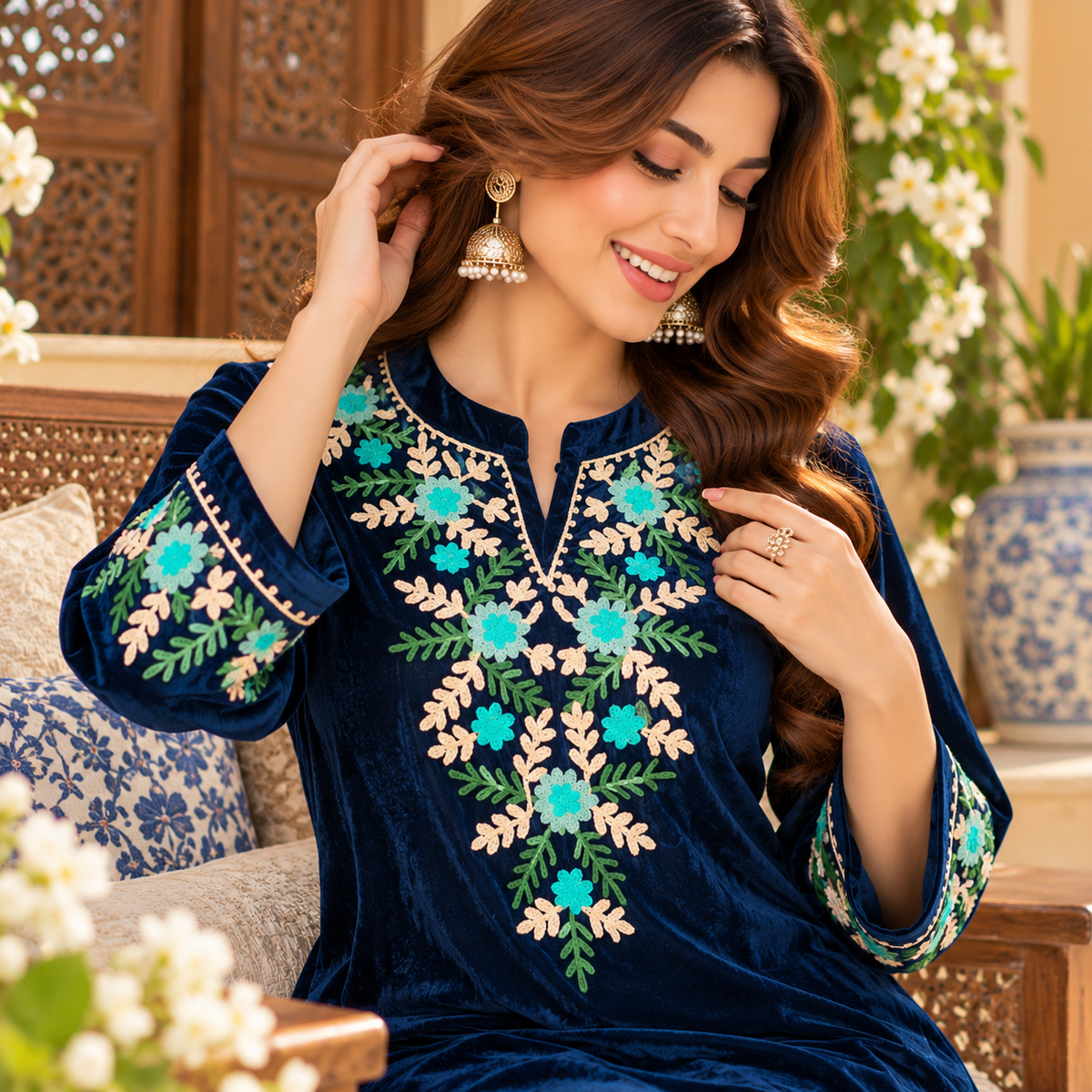 Blue Front-Back Embroidered Woolen Kurta Set