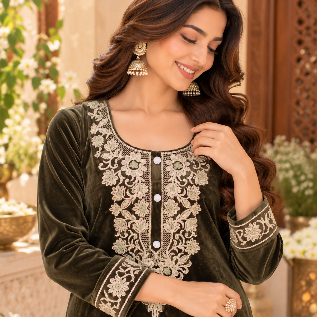 Mehandi Green Velvet Floral Embroidered Cord Set