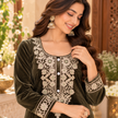 Mehandi Green Velvet Floral Embroidered Cord Set