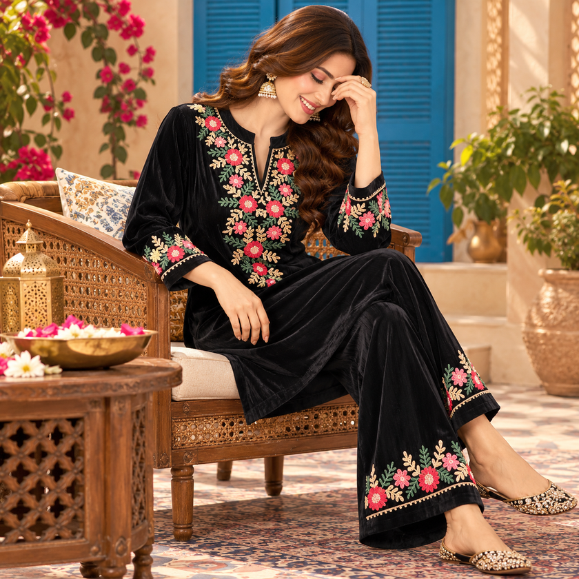 Black Front-Back Embroidered Woolen Kurta Set