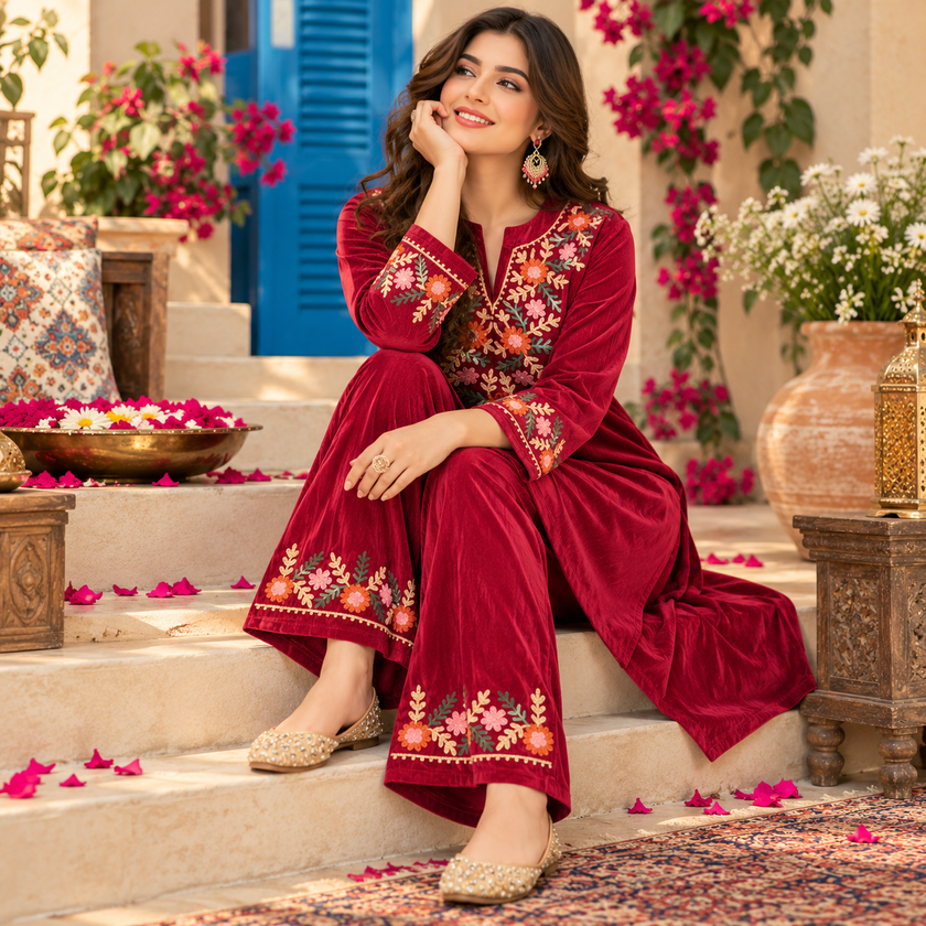 Magenta Pink Front-Back Embroidered Woolen Kurta Set