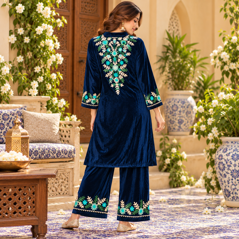 Blue Front-Back Embroidered Woolen Kurta Set