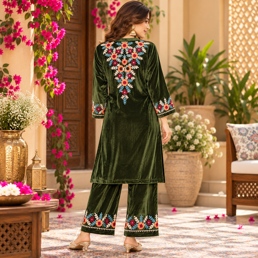 Mehandi Green Front-Back Embroidered Woolen Kurta Set