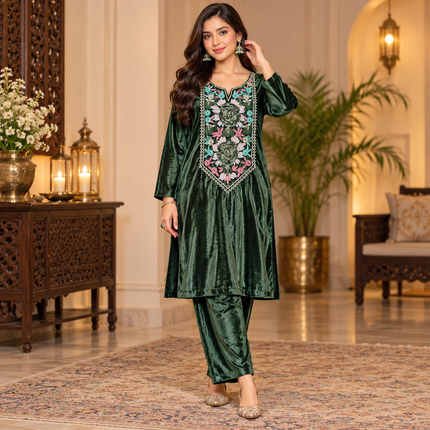 Green Velvet Floral Yoke Winter Kurta Set